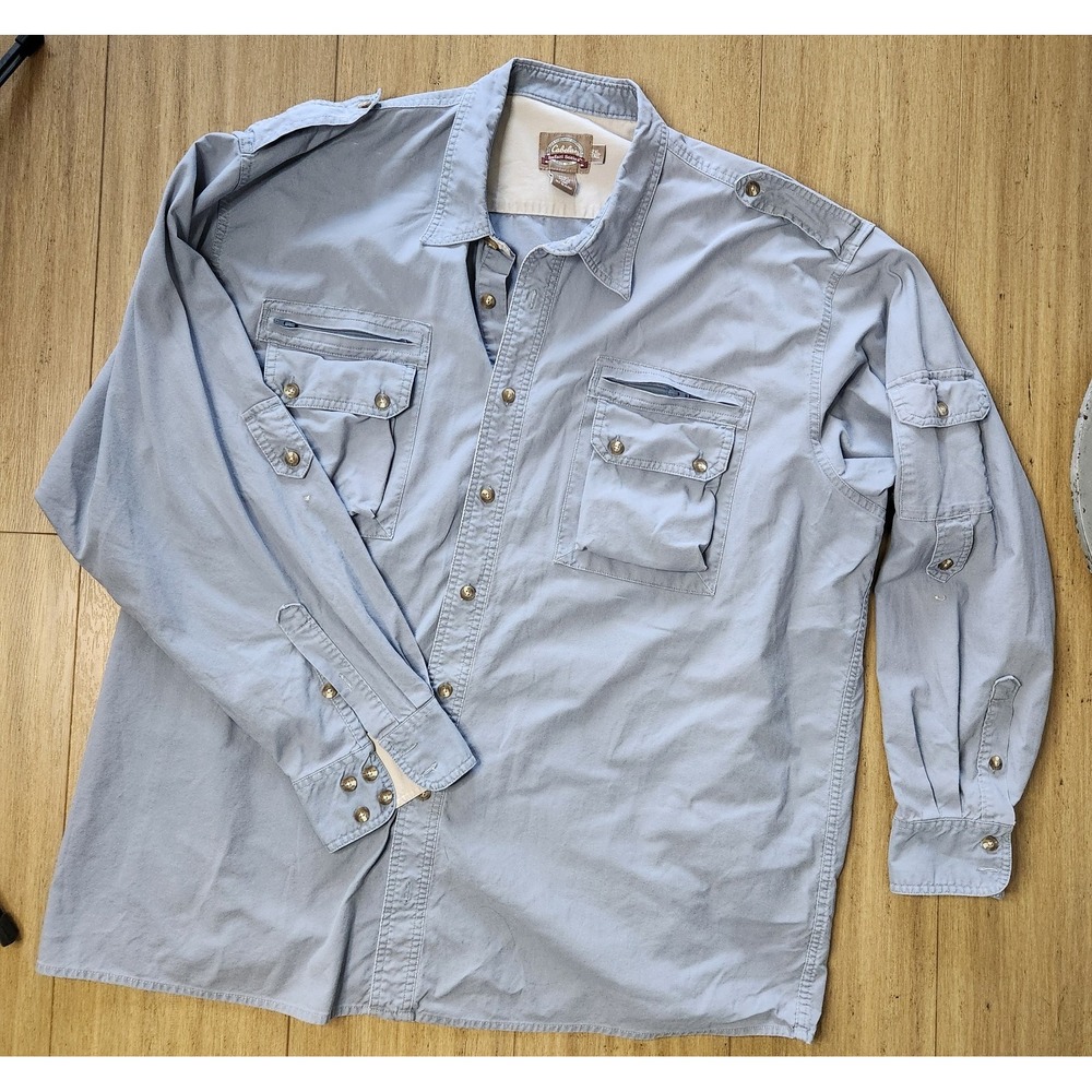 Cabelas Safari Series Shirt Mens 2XL T Gray ButtonUp Utility Pockets Epaulettes